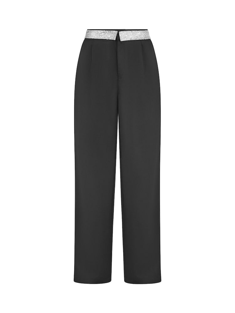 Yumi Black Wide Leg Trousers With Diamante Waistband - Image 5 of 5