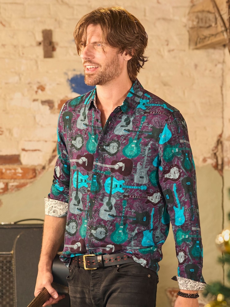 Joe Browns Purple Icy Paisley Trim Guitar Long Sleeve Print Shirt - Image 1 of 7