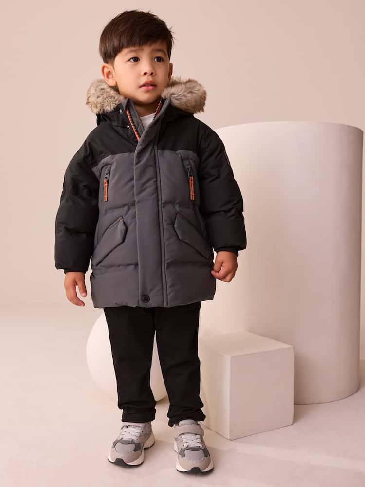 Black/Grey Waterproof Warm Padded Coat (12mths-10yrs) - Image 1 of 4
