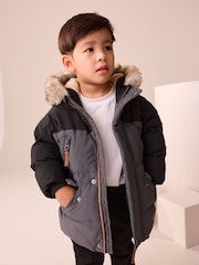 Black/Grey Waterproof Warm Padded Coat (12mths-10yrs) - Image 2 of 4
