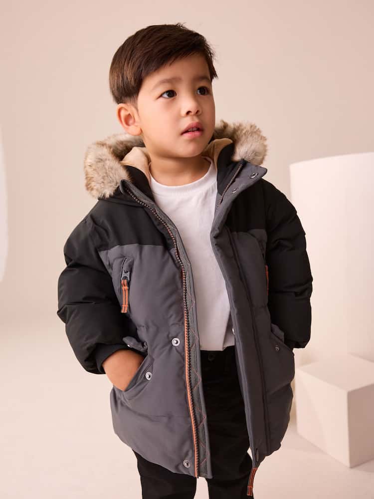 Black/Grey Waterproof Warm Padded Coat (12mths-10yrs) - Image 2 of 4