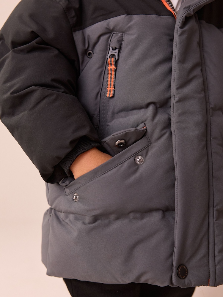 Black/Grey Waterproof Warm Padded Coat (12mths-10yrs) - Image 4 of 4