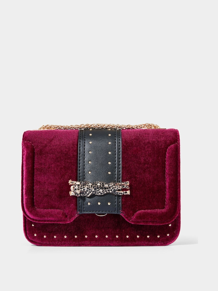 Joe Browns Red Jewelled Leopard Print Clasp Velvet Chain Strap Bag - Image 1 of 3 Joe Browns Red Jewelled Leopard Print Clasp Velvet Chain Strap Bag - Image 1 of 3