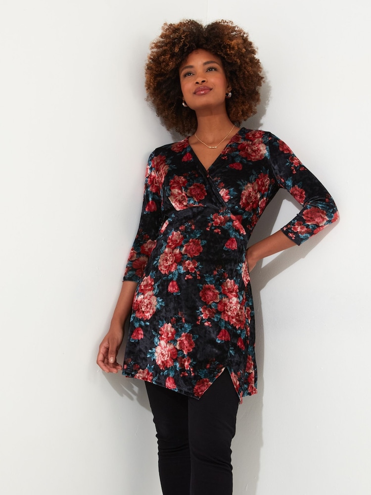 Joe Browns Blue Crushed Velvet Wrap Front Long Sleeve Tunic - Image 1 of 5