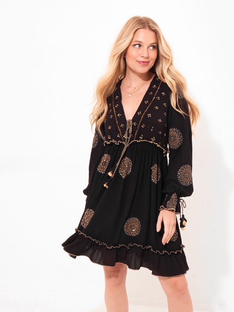 Joe Browns Black Boho Embroidered Floaty Sleeve Tassel Tunic Mini Dress - Image 2 of 7