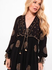 Joe Browns Black Boho Embroidered Floaty Sleeve Tassel Tunic Mini Dress - Image 5 of 7
