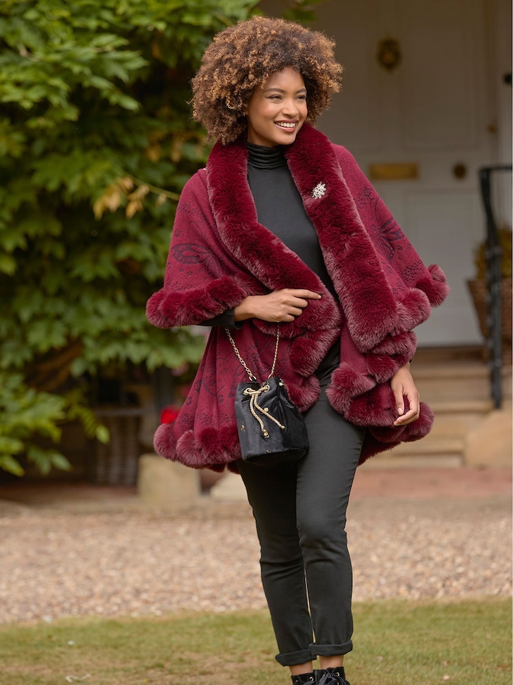 Joe Browns Red Boho Faux Fur Trim Butterfly Wrap - Image 1 of 6