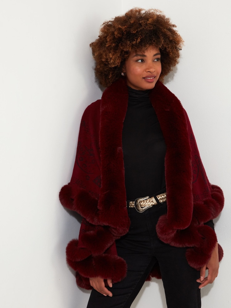 Joe Browns Red Boho Faux Fur Trim Butterfly Wrap - Image 2 of 6