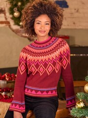 Joe Browns Red Boho Fluted Sleeve Fairisle Pattern Knit Jumper - Image 1 of 7