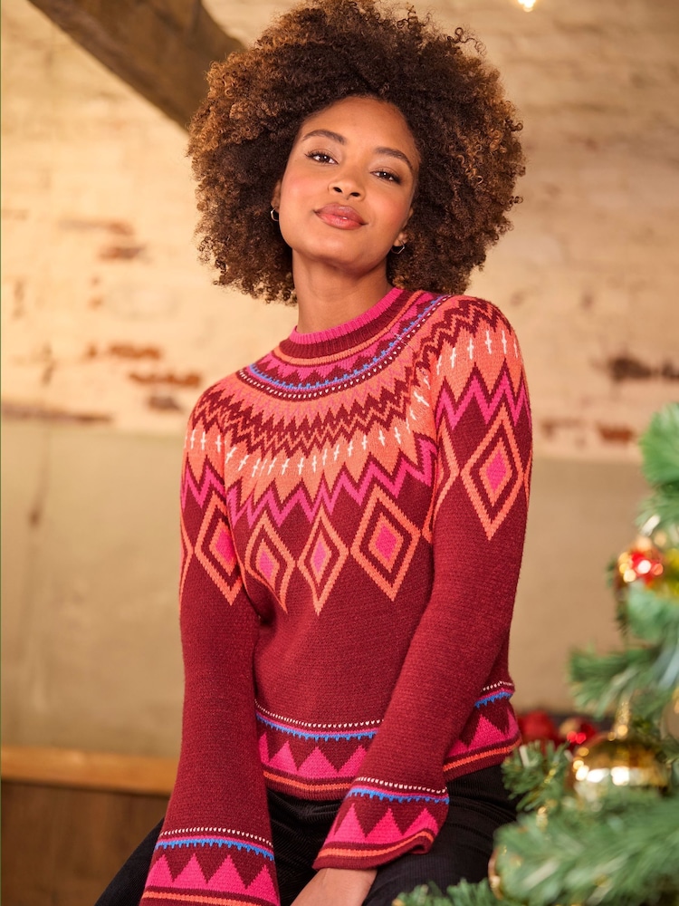 Joe Browns Red Boho Fluted Sleeve Fairisle Pattern Knit Jumper - Image 2 of 7