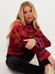 Joe Browns Red Boho Fluted Sleeve Fairisle Pattern Knit Jumper - Image 4 of 7