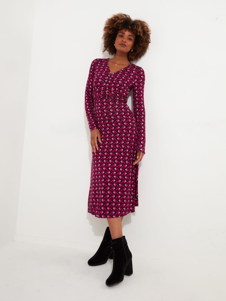 Joe Browns Pink Bold Contrast Geometric Long Sleeve Midi Jersey Dress - Image 1 of 5