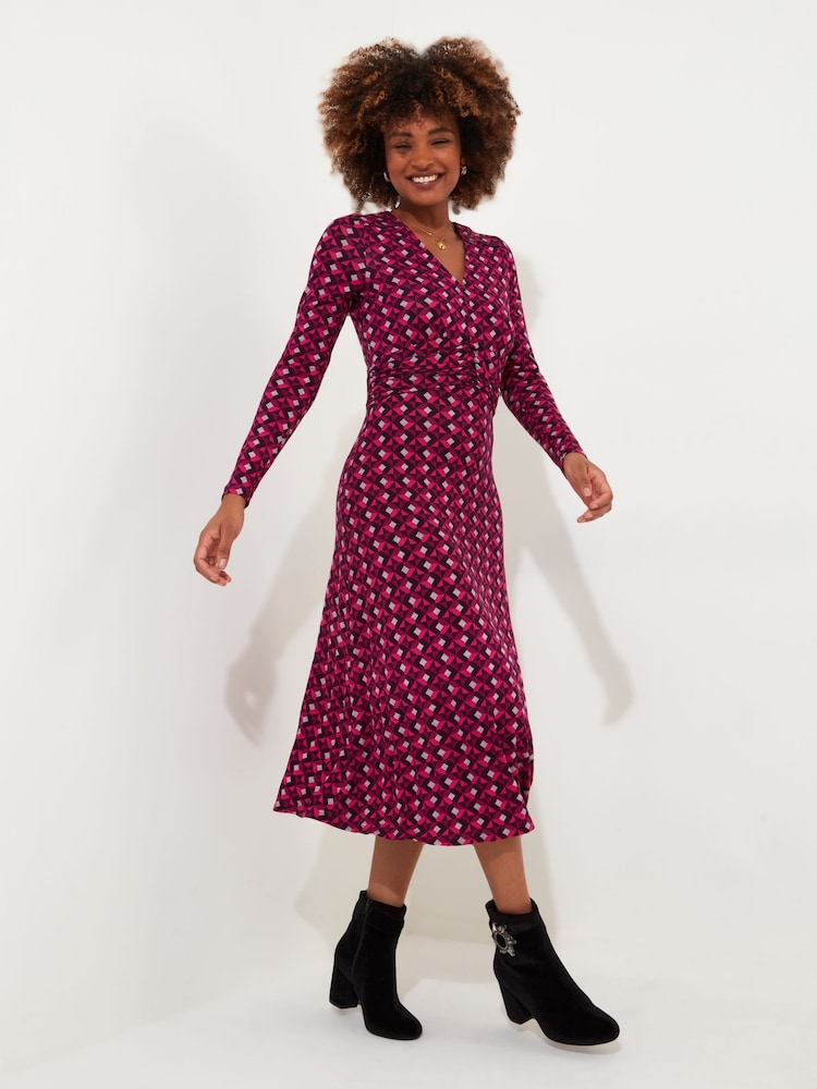 Joe Browns Pink Bold Contrast Geometric Long Sleeve Midi Jersey Dress - Image 2 of 5