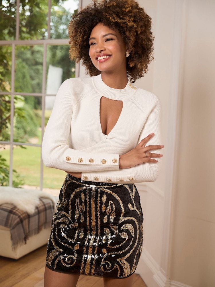 Joe Browns Cream Keyhole Neck Jumper with Diamanté Details - Image 1 of 7