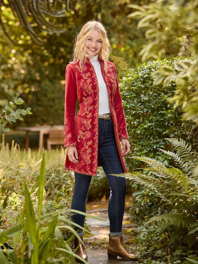 Joe Browns Orange Longline Embroidered Velvet Kimono Coat - Image 1 of 8