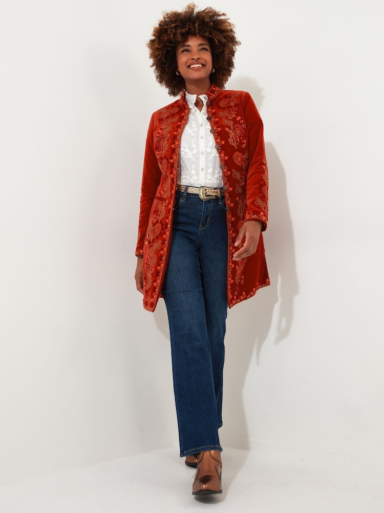Joe Browns Orange Longline Embroidered Velvet Kimono Coat - Image 2 of 8