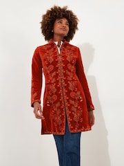 Joe Browns Orange Longline Embroidered Velvet Kimono Coat - Image 3 of 8
