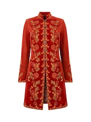 Joe Browns Orange Longline Embroidered Velvet Kimono Coat - Image 8 of 8