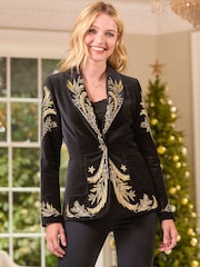 Joe Browns Black Boutique Embroidered Curved Hem Single Breasted Velvet Blazer - Image 1 of 7