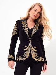 Joe Browns Black Boutique Embroidered Curved Hem Single Breasted Velvet Blazer - Image 2 of 7
