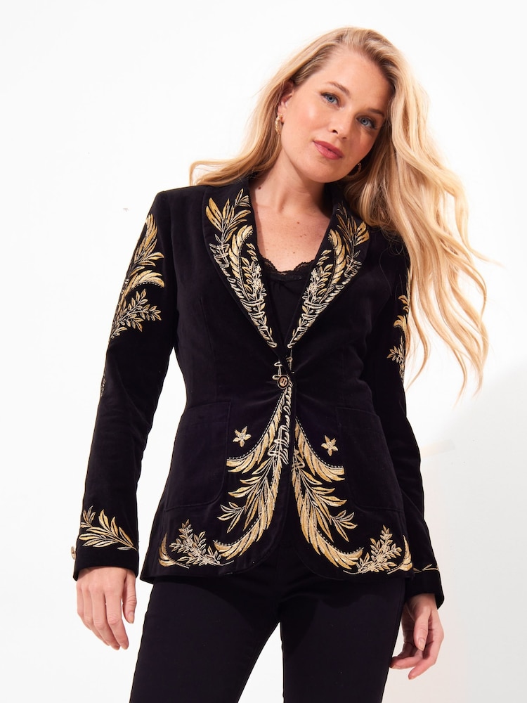 Joe Browns Black Boutique Embroidered Curved Hem Single Breasted Velvet Blazer - Image 2 of 7