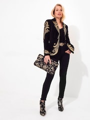 Joe Browns Black Boutique Embroidered Curved Hem Single Breasted Velvet Blazer - Image 3 of 7