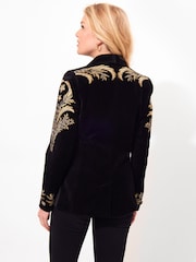 Joe Browns Black Boutique Embroidered Curved Hem Single Breasted Velvet Blazer - Image 4 of 7