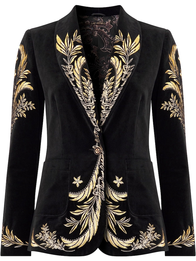 Joe Browns Black Boutique Embroidered Curved Hem Single Breasted Velvet Blazer - Image 7 of 7