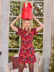 Joe Browns Red Diamanté Trim Dragon Print Mini Dress with Keyhole Neck - Image 2 of 7
