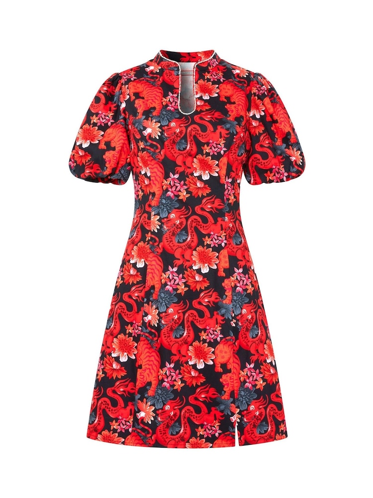 Joe Browns Red Diamanté Trim Dragon Print Mini Dress with Keyhole Neck - Image 7 of 7