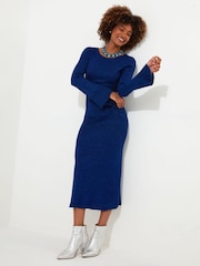 Joe Browns Blue Slim Fit Metallic Flared Sleeve Sparkle Knitted Midi Dress - Image 2 of 5