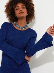 Joe Browns Blue Slim Fit Metallic Flared Sleeve Sparkle Knitted Midi Dress - Image 3 of 5
