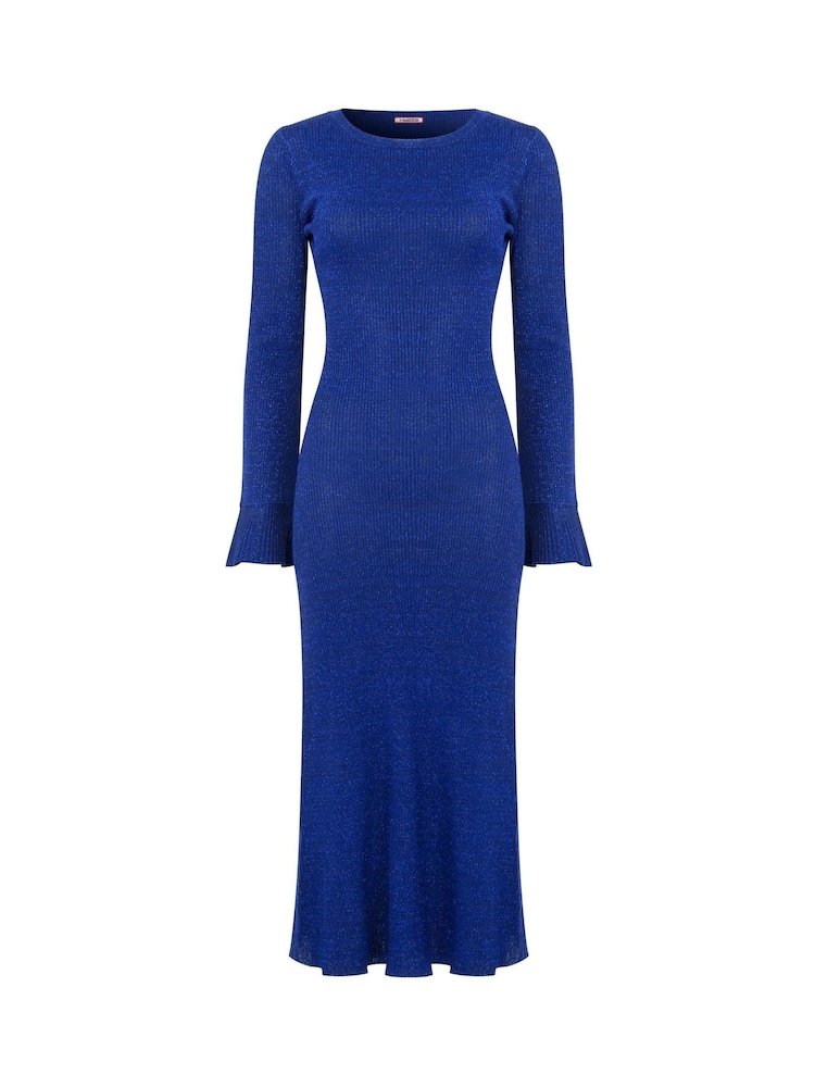 Joe Browns Blue Slim Fit Metallic Flared Sleeve Sparkle Knitted Midi Dress - Image 5 of 5