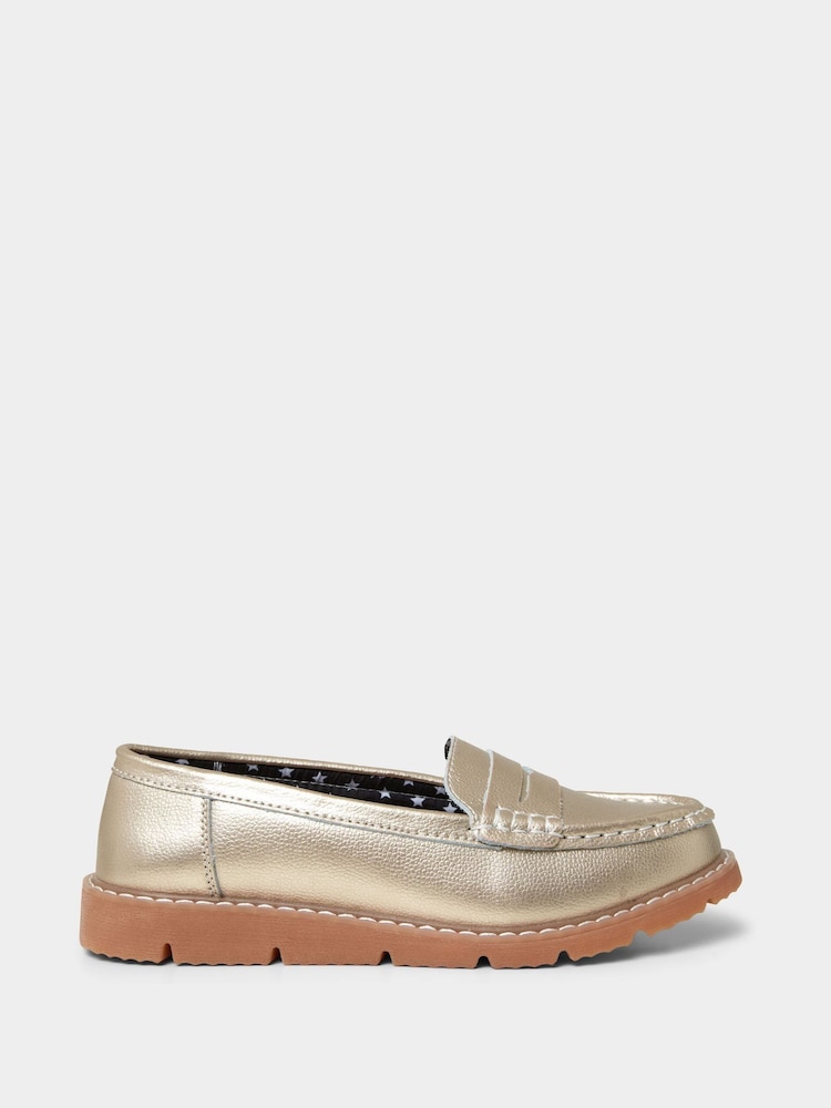 Joe Browns Gold Metallic Suede Leather Loafers with Chunky Sole - Image 1 of 7