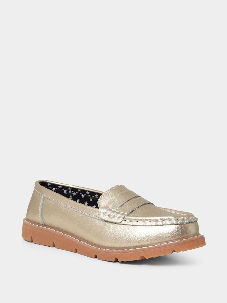 Joe Browns Gold Metallic Suede Leather Loafers with Chunky Sole - Image 2 of 7