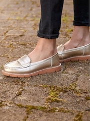 Joe Browns Gold Metallic Suede Leather Loafers with Chunky Sole - Image 6 of 7