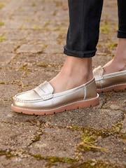 Joe Browns Gold Metallic Suede Leather Loafers with Chunky Sole - Image 7 of 7