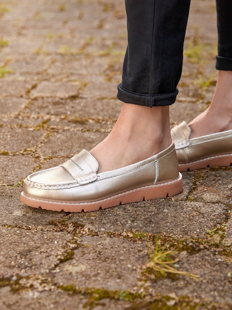 Joe Browns Gold Metallic Suede Leather Loafers with Chunky Sole - Image 7 of 7