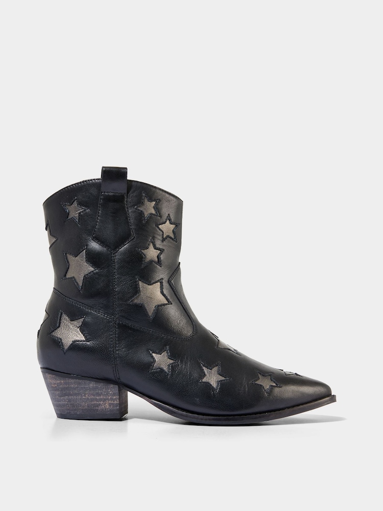 Joe Browns Silver Metallic Star Embroidered Western Leather Ankle Boots - Image 1 of 5