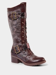 Joe Browns Brown Chunky Tooled Strap Embossed Leather Long Boots - Image 2 of 6