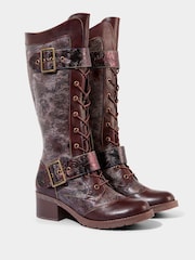 Joe Browns Brown Chunky Tooled Strap Embossed Leather Long Boots - Image 3 of 6