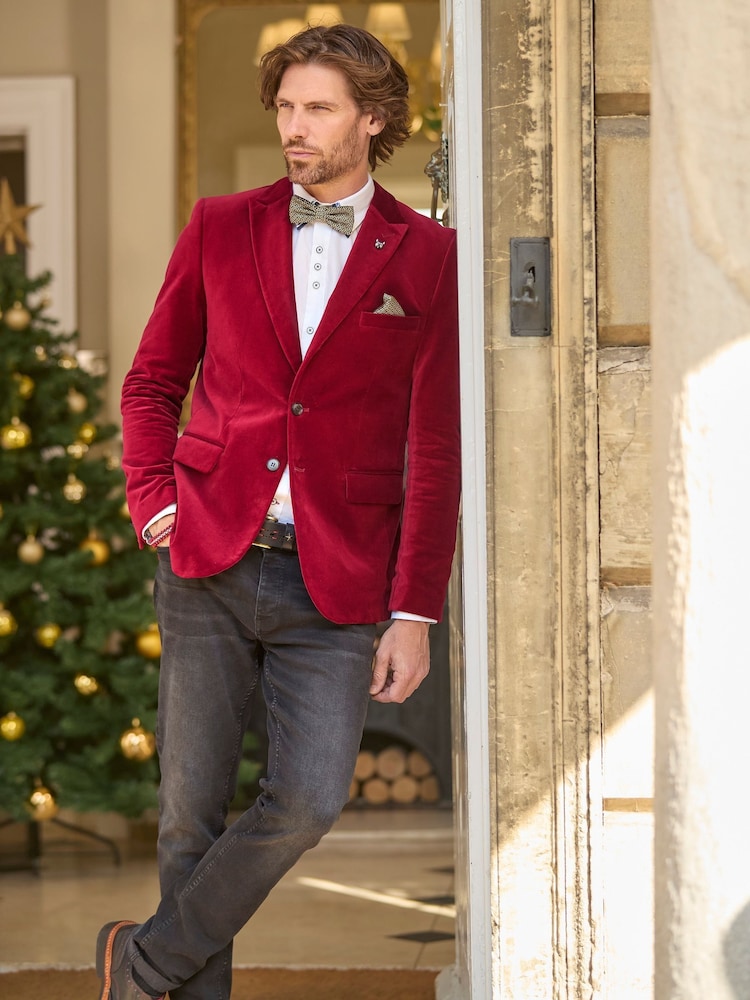 Joe Browns Red Bold Classic Velvet Suit Blazer with Contrast Lining - Image 1 of 7