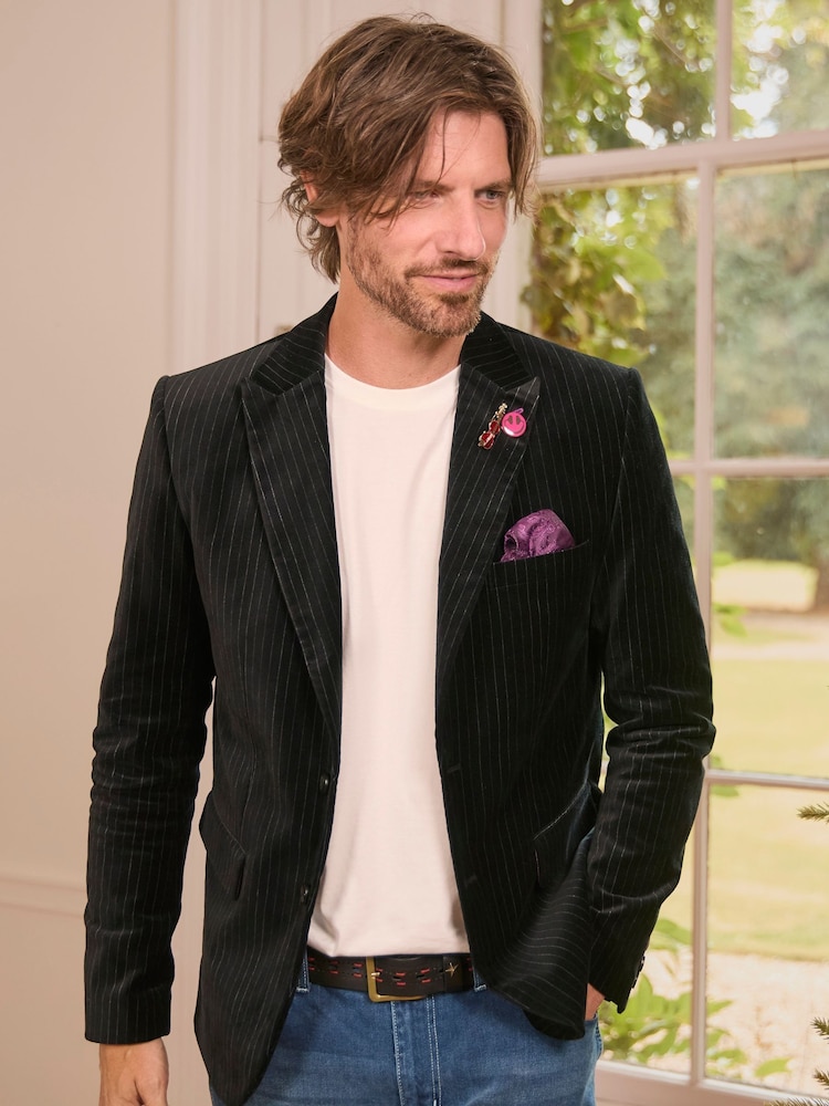 Joe Browns Black Classic Velvet Pinstripe Suit Blazer with Contrast Lining - Image 2 of 7