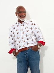 Joe Browns White Festive Stag Print Long Sleeve 100% Cotton Shirt - Image 2 of 7