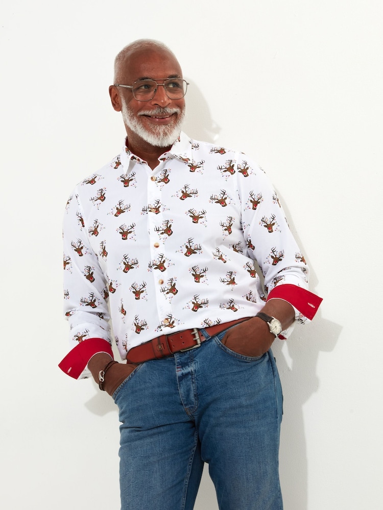 Joe Browns White Festive Stag Print Long Sleeve 100% Cotton Shirt - Image 2 of 7