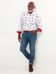 Joe Browns White Festive Stag Print Long Sleeve 100% Cotton Shirt - Image 3 of 7