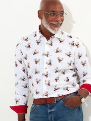 Joe Browns White Festive Stag Print Long Sleeve 100% Cotton Shirt - Image 5 of 7
