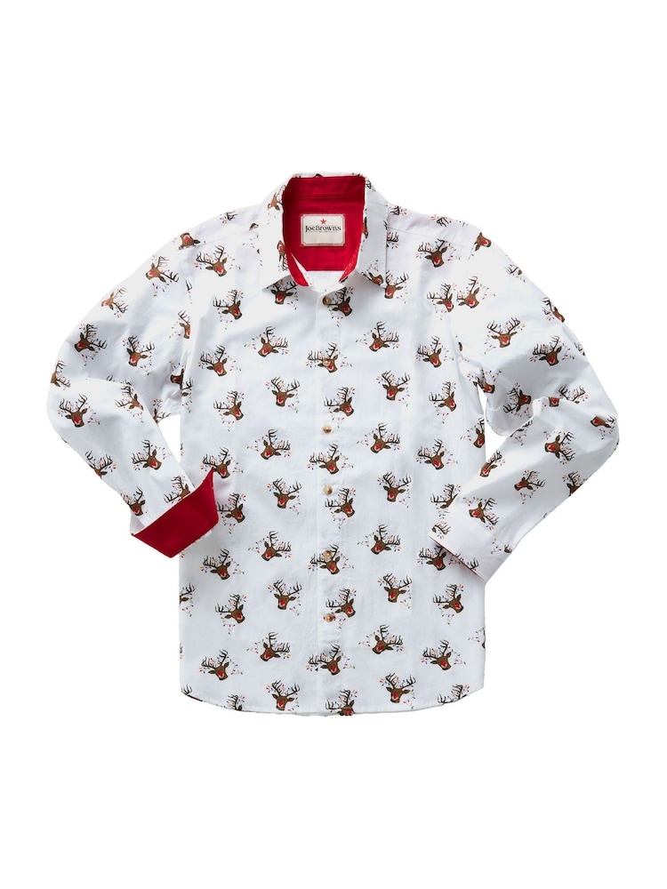Joe Browns White Festive Stag Print Long Sleeve 100% Cotton Shirt - Image 7 of 7