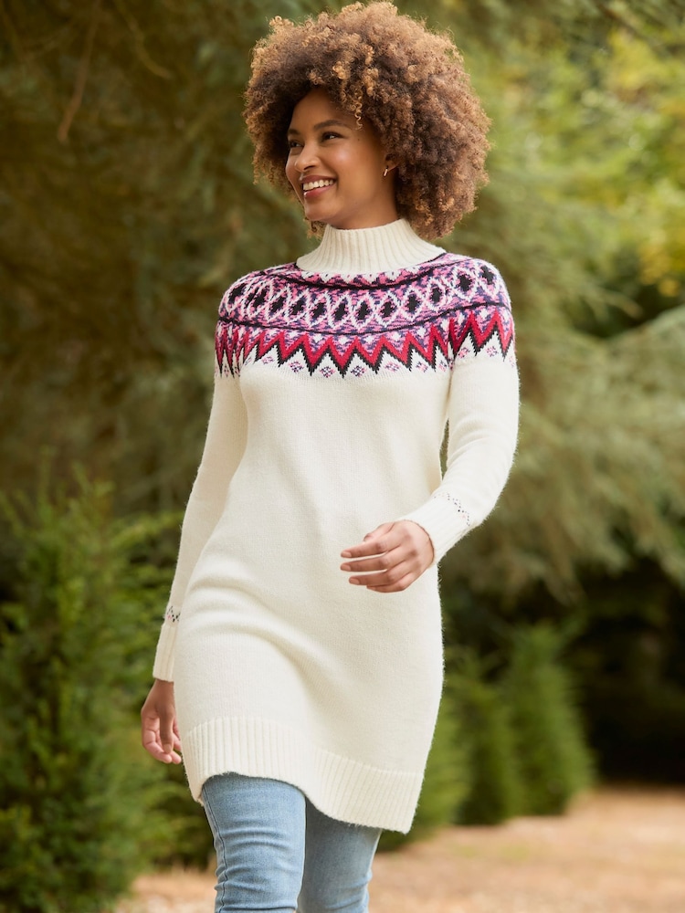 Joe Browns Cream Oversized Fair Isle Knit Funnel Neck Jumper Dress - Image 1 of 7 Joe Browns Cream Oversized Fair Isle Knit Funnel Neck Jumper Dress - Image 1 of 7