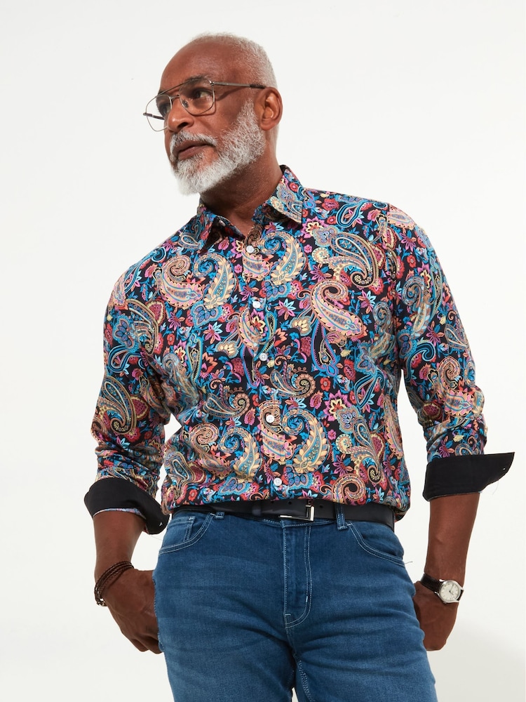 Joe Browns Green Bold Festive Paisley Print 100% Cotton Long Sleeve Party Shirt - Image 1 of 5